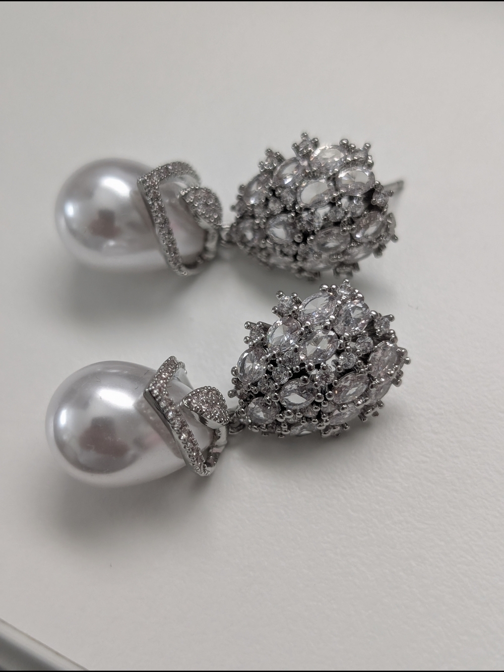 Silver Pearl Drop Earrings with Crystal Cluster